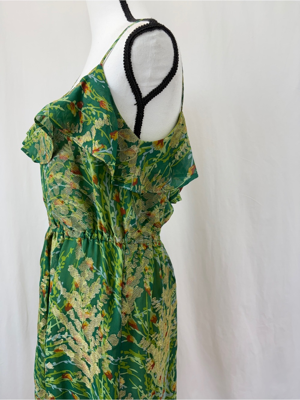 Anthropologie 12th Street 100% Silk Green Gold Ruffle Wedding Guest Dress Medium - Picture 7 of 15